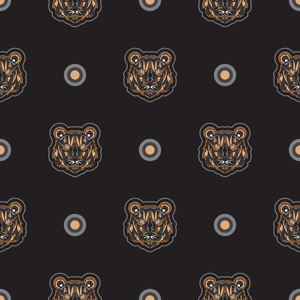 Tiger face seamless pattern in samoan style. Boho tiger face. Good for backgrounds and prints. Vector