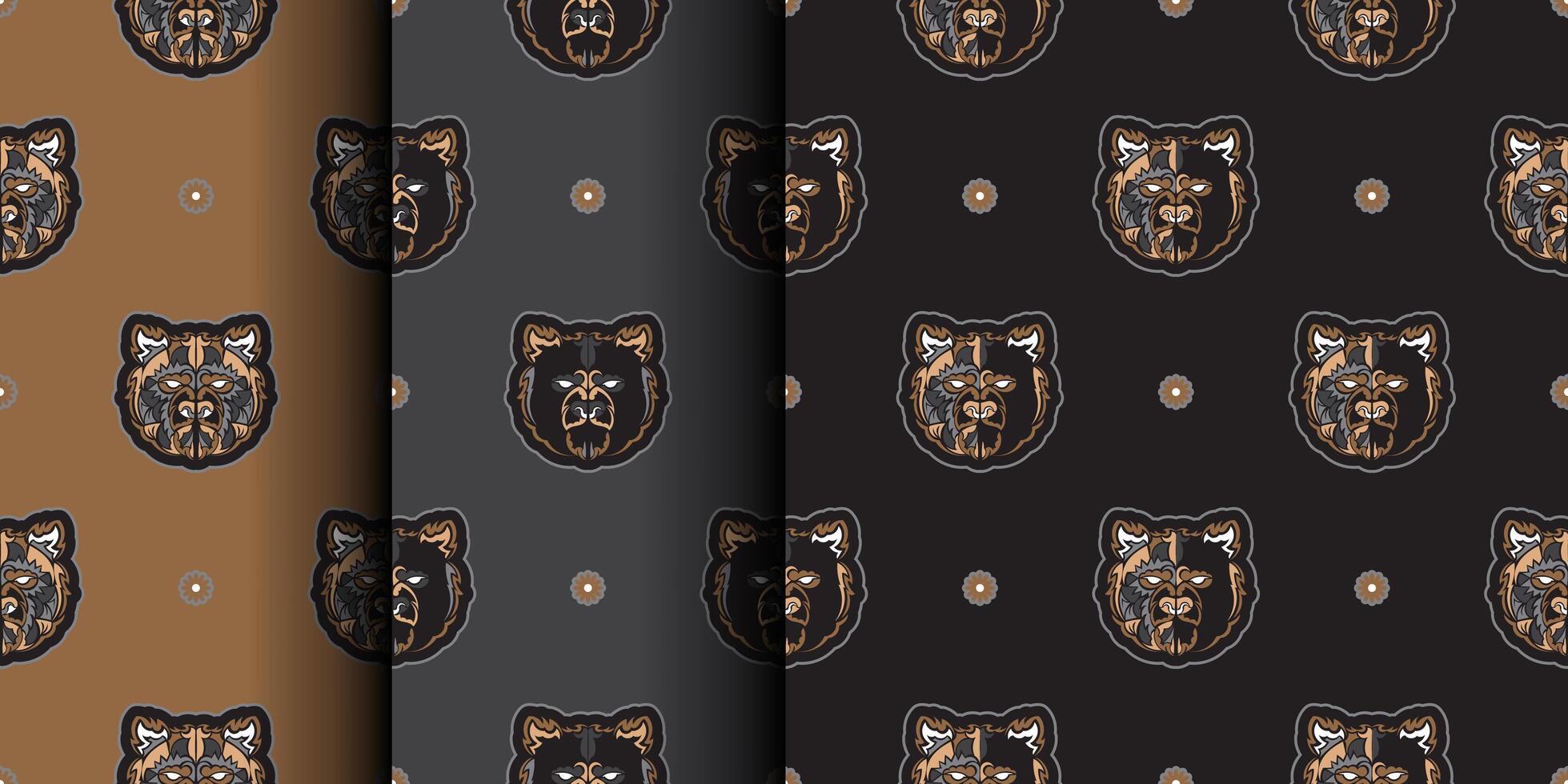 Set Seamless background with BEAR FACE. Suitable for backgrounds, prints, clothing and textiles. Vector illustration.