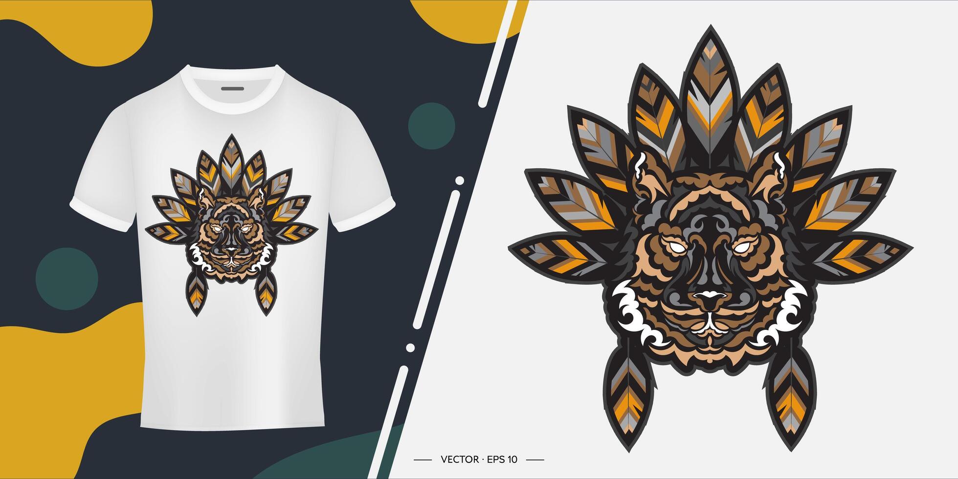 Tiger head with feathers. Ready print for printing. illustration. vector