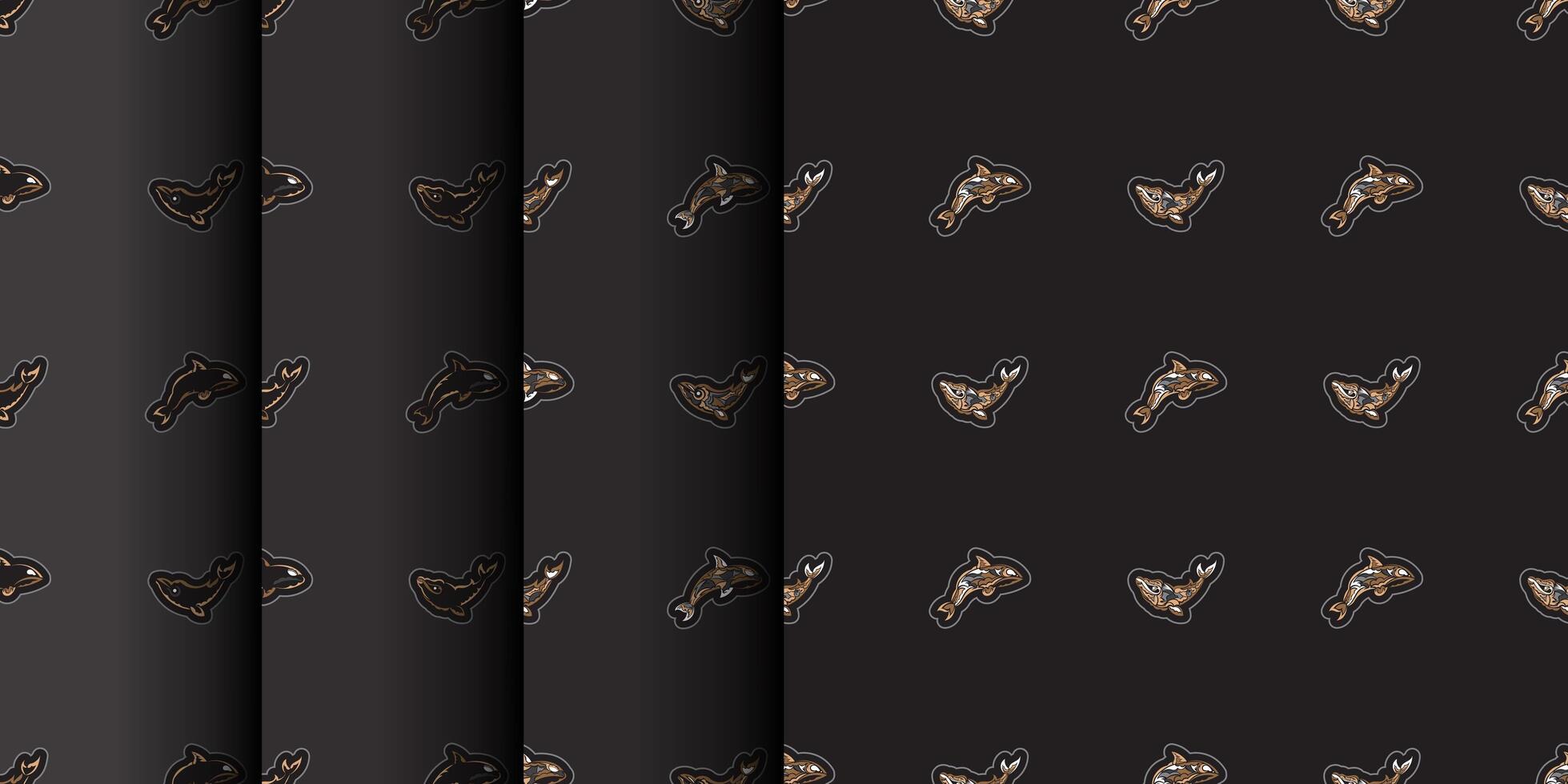 Set of Seamless Dark Pattern with Whales in Simple Style. Good for clothing and textiles. Vector