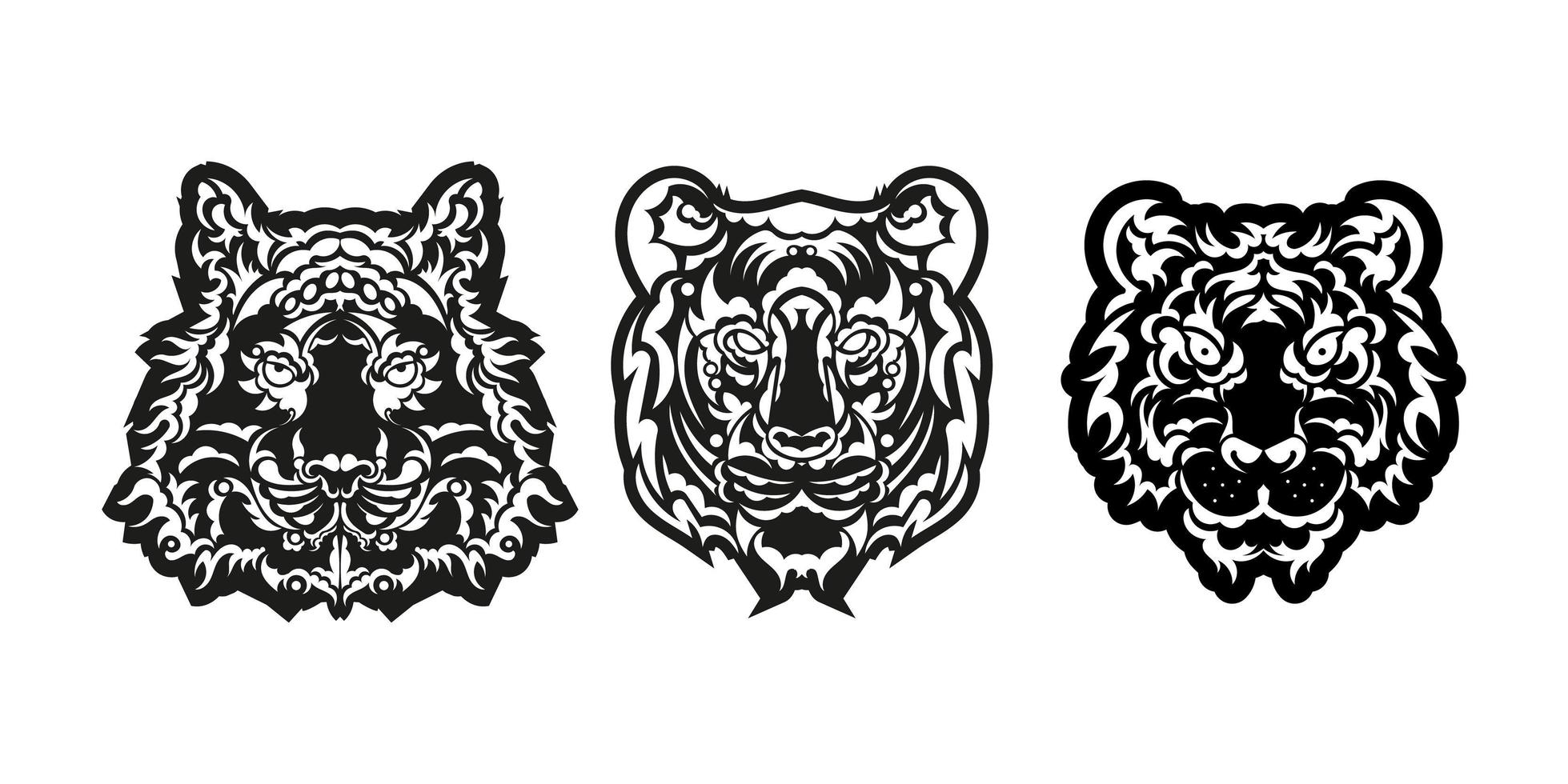 A set of lions faces consisting of patterns. Tiger head print. For T-shirts, phone cases and cups. Isolated. Vector illustration.