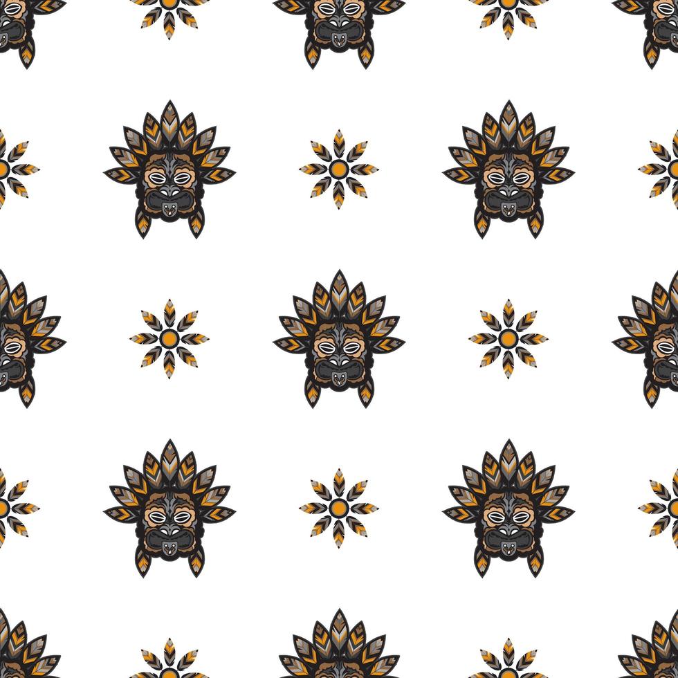 Seamless pattern with Indian faces. A head with feathers in the Polynesian style. Good for prints. Exclusive corporate identity. Isolated, vector