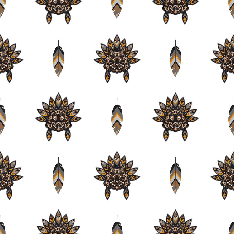 Seamless pattern with tiger head in feathers. illustration. vector