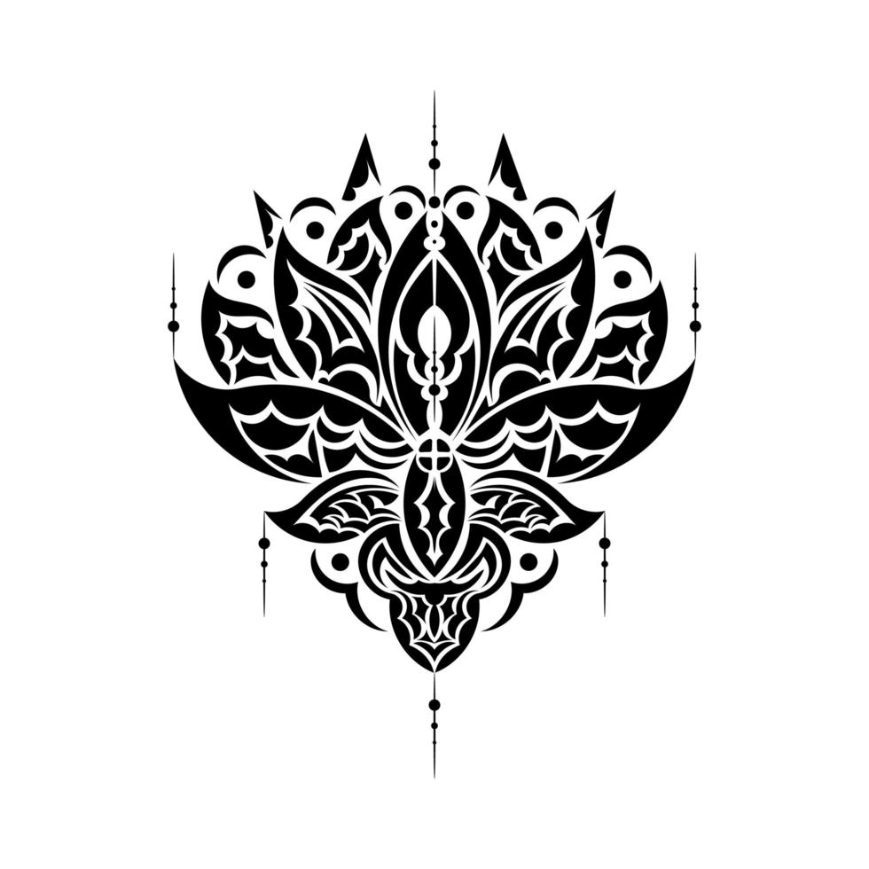 Lotus flower tattoo, yoga or zen decorative element in boho style. Lotus or water lily shapes, graphic elements in black on white background, Indian modern decorations. Vector illustration.