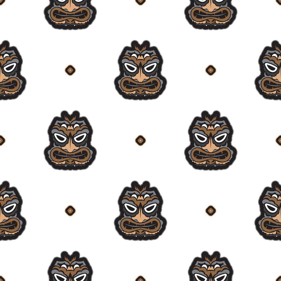 Seamless pattern with the face of the Polynesian tribesmen. Good for prints, backgrounds, postcards, wrapping paper, and textiles. Vector illustration.