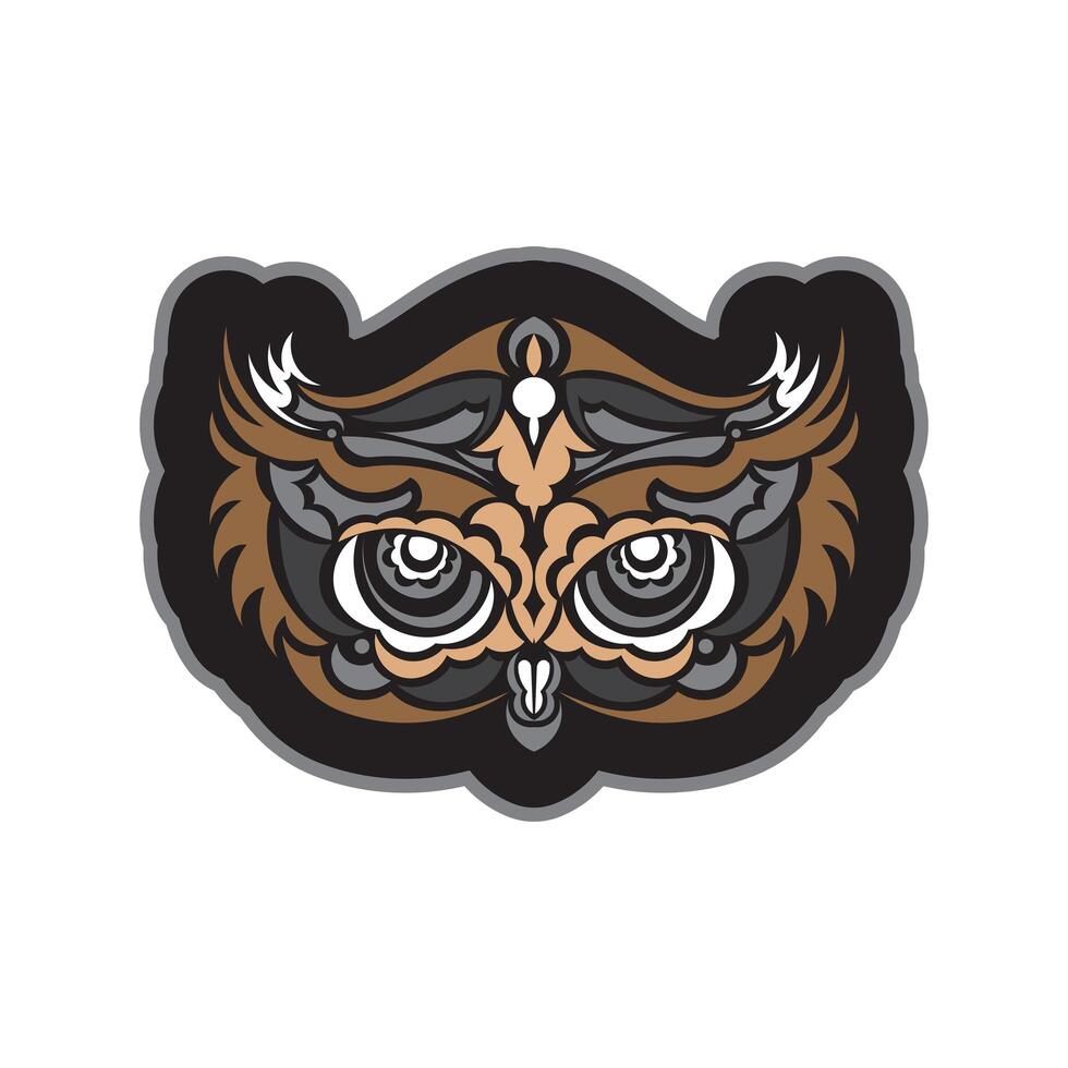 Colored print head of an owl. Hawaii and samoa patterns. Isolated. Vector
