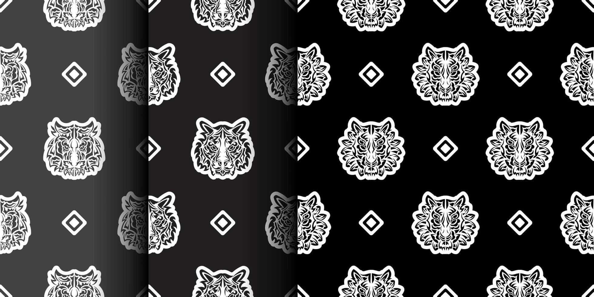 Set of Seamless pattern tiger face in samoa style. Boho tiger face. Good for backgrounds, prints, apparel and textiles. Vector illustration.