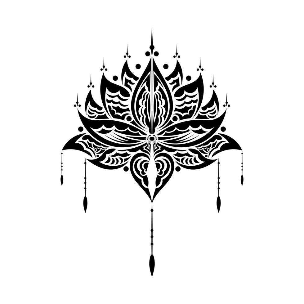 Lotus flower, yoga or zen decorative element in boho style. Lotus or water lily shapes, graphic elements in black on white background, Indian modern decorations. Vector illustration.