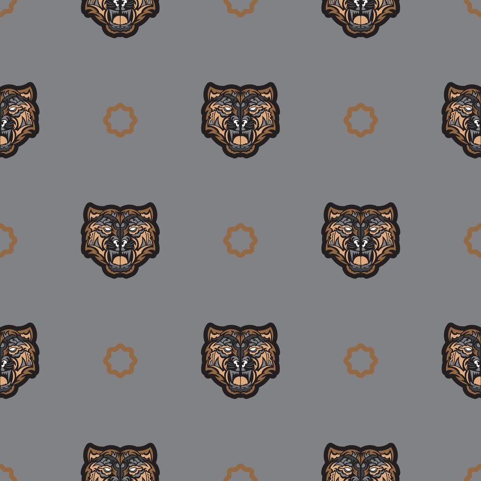 Seamless pattern with tiger face in colored Polynesian style. Good for clothing and textiles. Vector illustration.