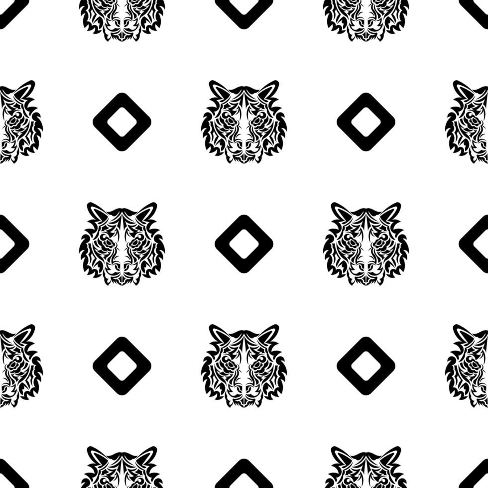 Polynesian style tiger face seamless pattern. Boho tiger face. Good for backgrounds, prints, apparel and textiles. Vector illustration.