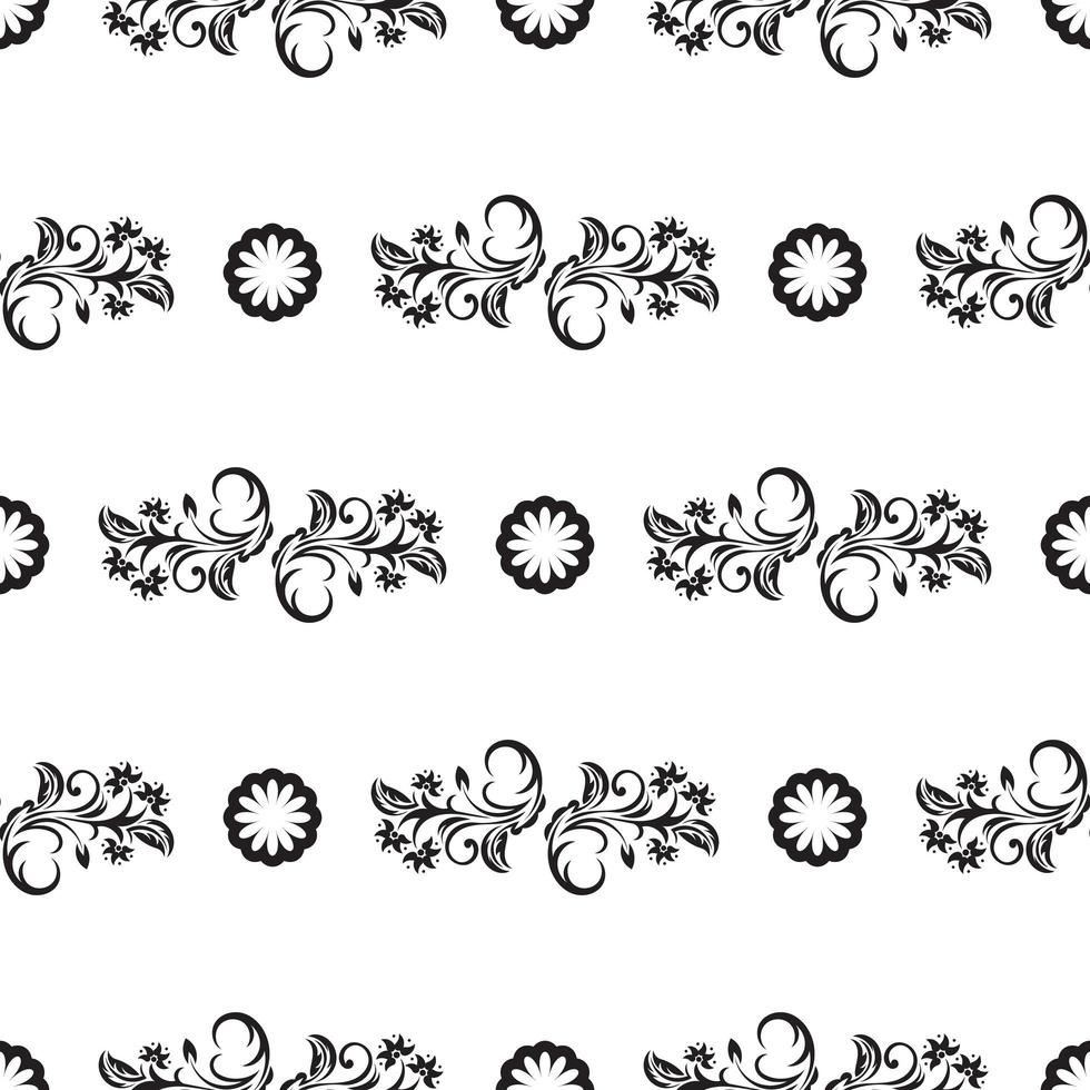 Seamless black and white pattern with flowers and monograms in Simple style. Good for garments, textiles, backgrounds and prints. Vector