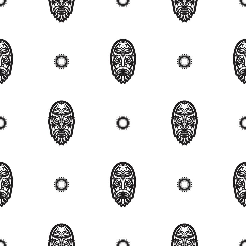 Seamless pattern with tiki face, mask or totem. Patterns in the style of Polynesia. Good for prints, textiles and backgrounds. Isolated. Vector illustration.