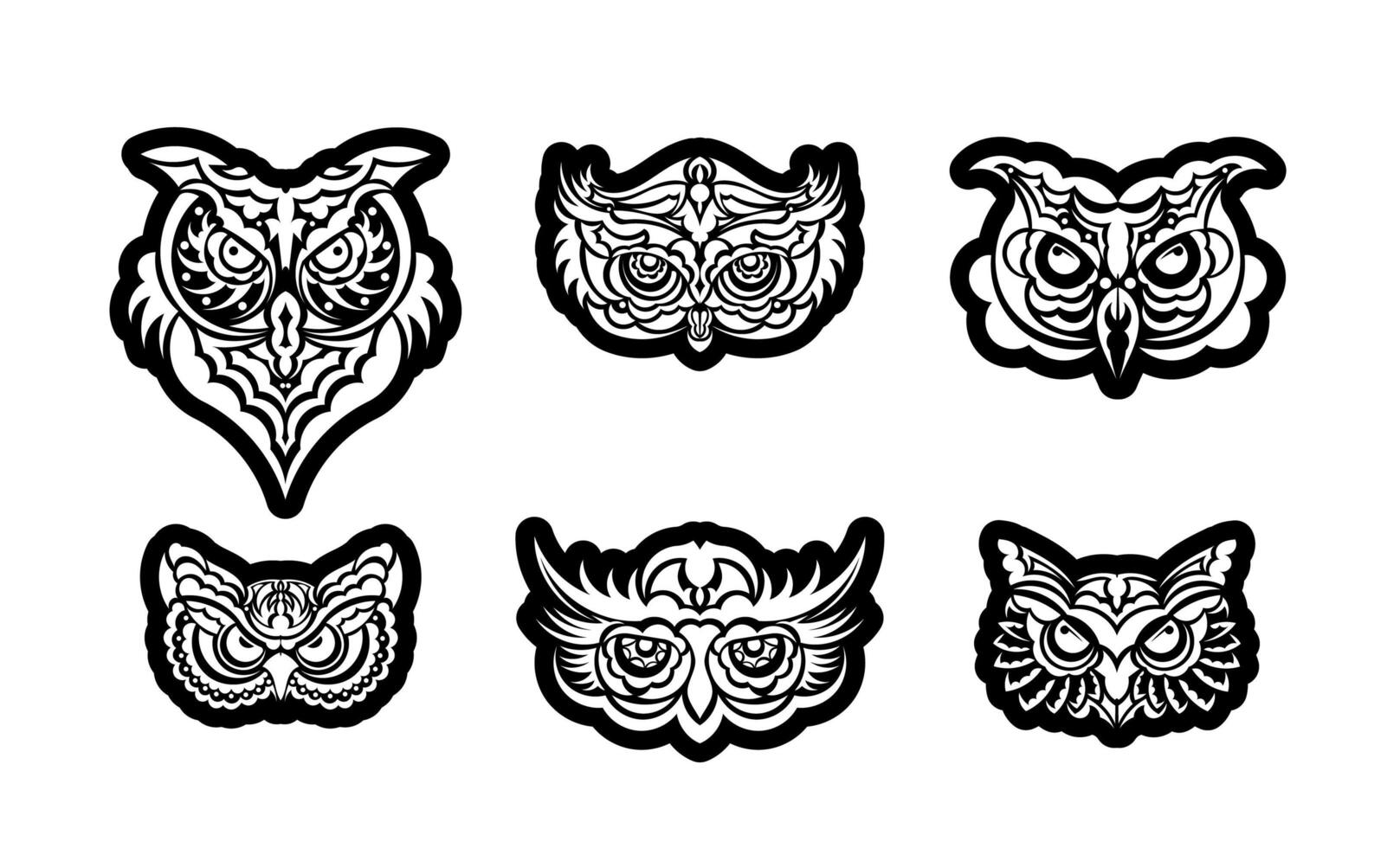Set of Owl Faces print. Samoa and Hawaii patterns. Good for t-shirts, cups, phone cases and more. Vector illustration.