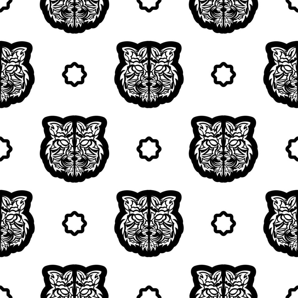 Black and white Seamless pattern with tiger face in boho style. Polynesian style tiger face. Good for backgrounds, prints, apparel and textiles. Vector illustration.