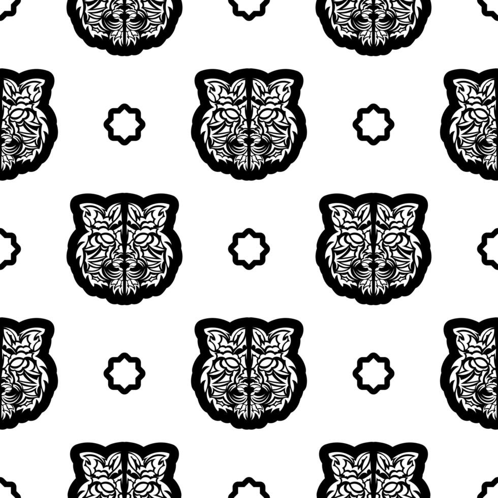 Black and white Seamless pattern with tiger face in boho style. Polynesian style tiger face. Good for backgrounds, prints, apparel and textiles. Vector illustration.