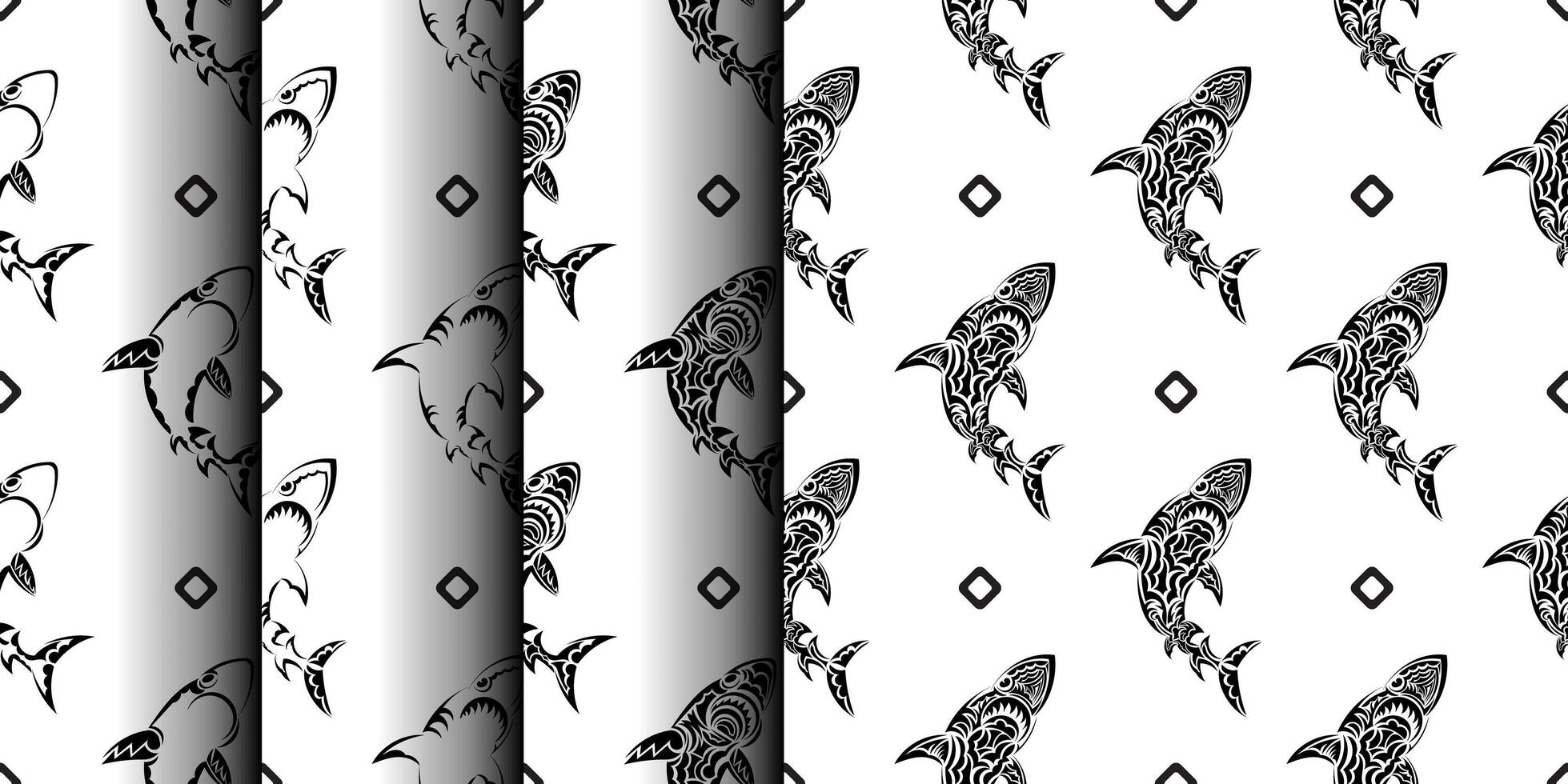 Set of Seamless luxury pattern with sharks. Good for menus, postcards, books, murals and fabrics. Vector illustration.