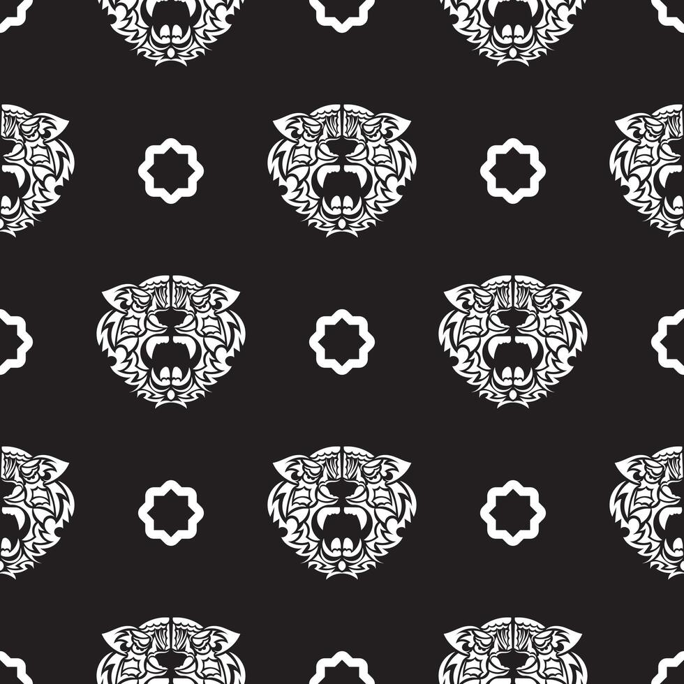 Seamless pattern with white face tigers in Polynesian style. Good for clothing and textiles. Vector