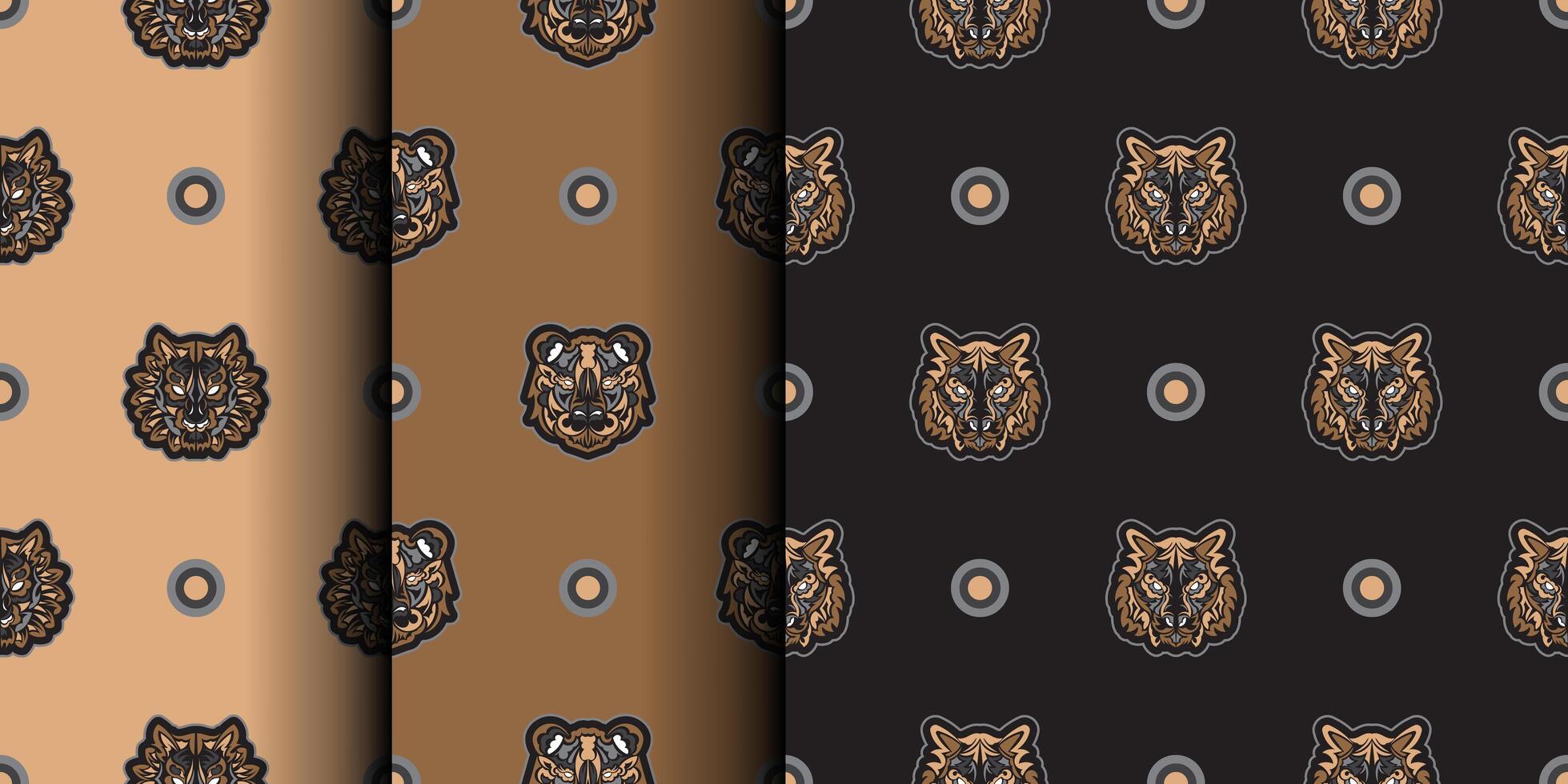 Set of Seamless pattern tiger face in Maori style. Boho tiger face. Good for backgrounds, prints, apparel and textiles. Vector illustration.