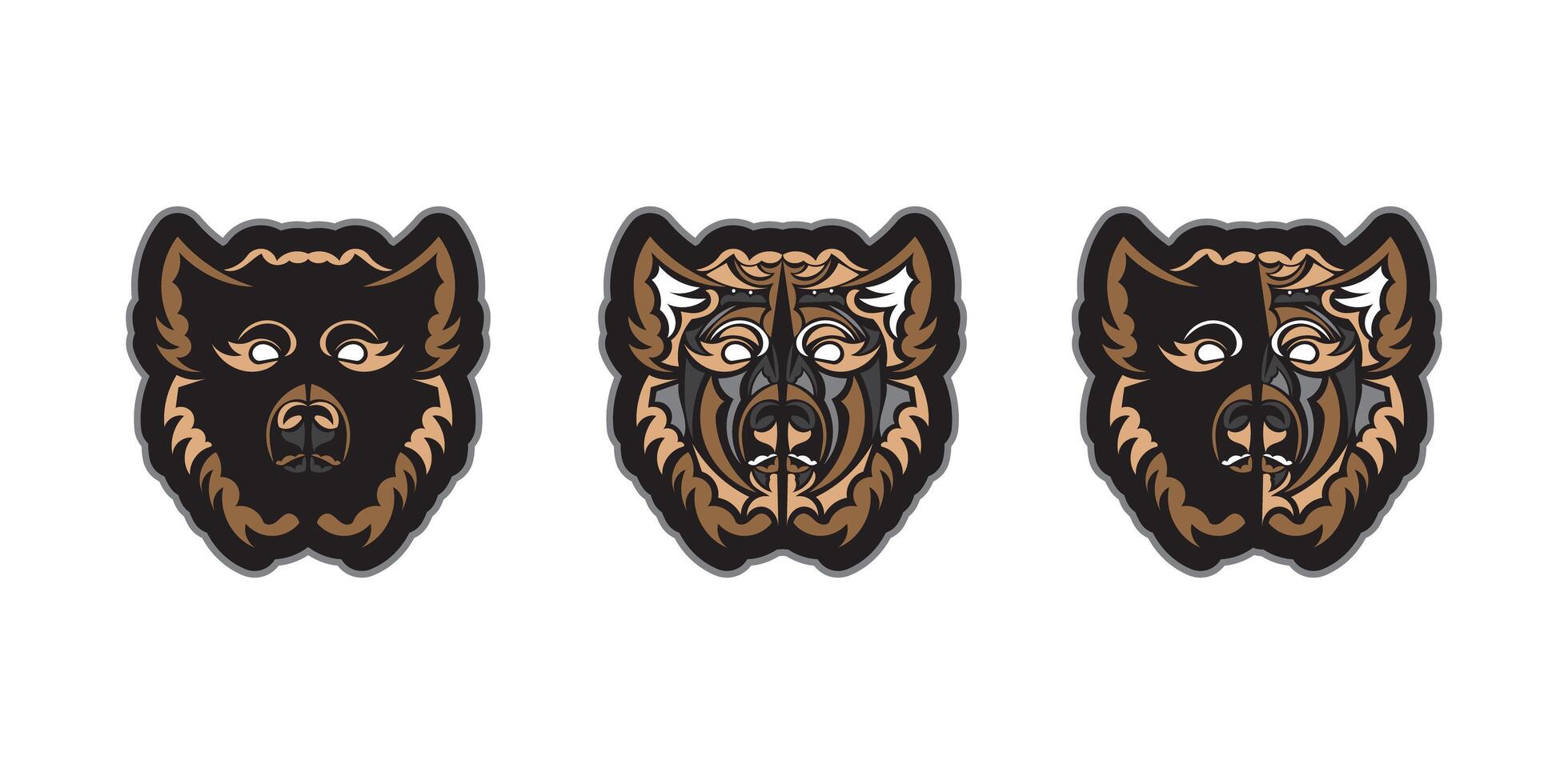 Set of colored face of a dog. Polynesia style. Good for t-shirts and prints. Isolated. illustration. vector
