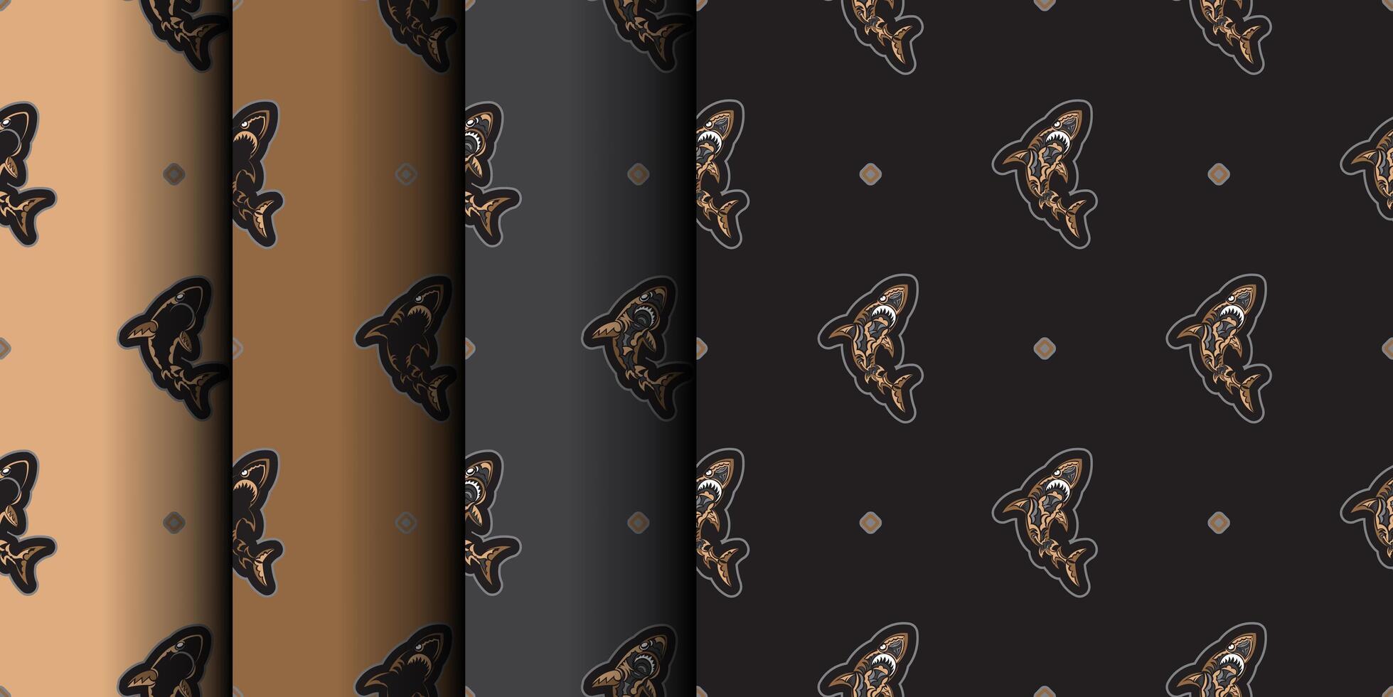 Set of Seamless luxury pattern with sharks. Good for mural wallpaper, fabric, postcards and printing. Vector illustration.