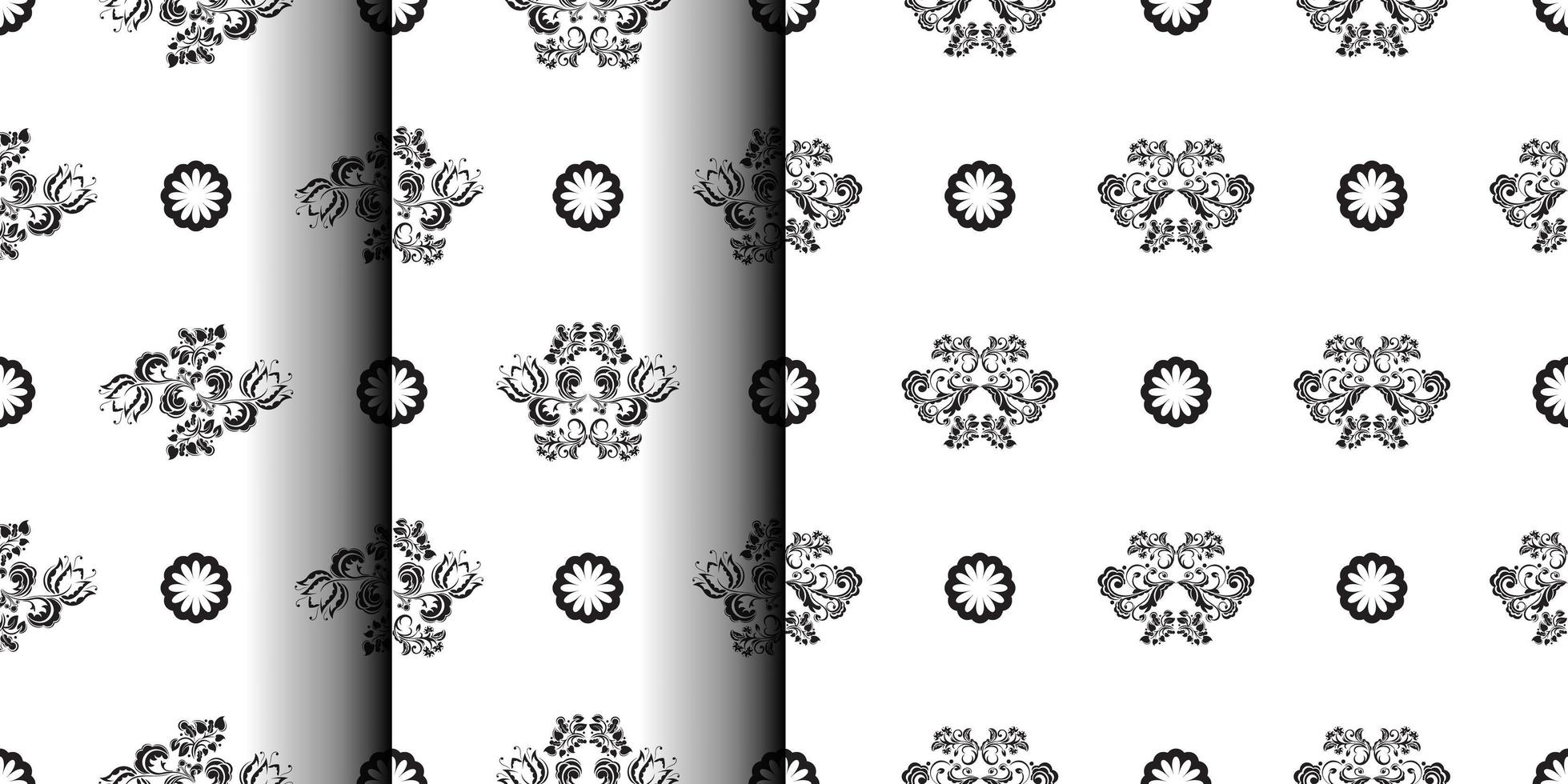 Set of Seamless black and white pattern with flowers and monograms in Simple style. Good for clothing and textiles. Vector illustration.