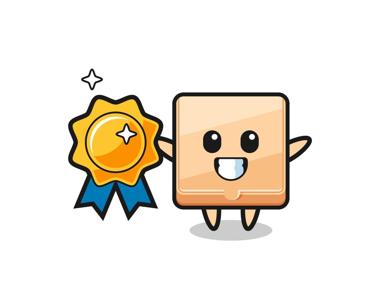 pizza box mascot illustration holding a golden badge vector