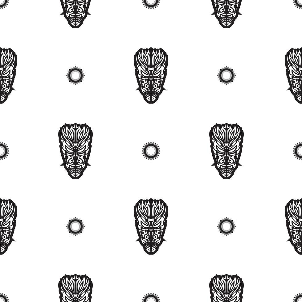 Seamless pattern with tiki face, mask or totem. Samoan style patterns. Good for prints, textiles and backgrounds. Isolated. Vector