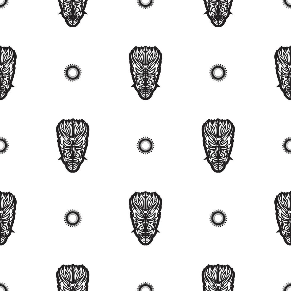 Seamless pattern with tiki face, mask or totem. Samoan style patterns. Good for prints, textiles and backgrounds. Isolated. Vector