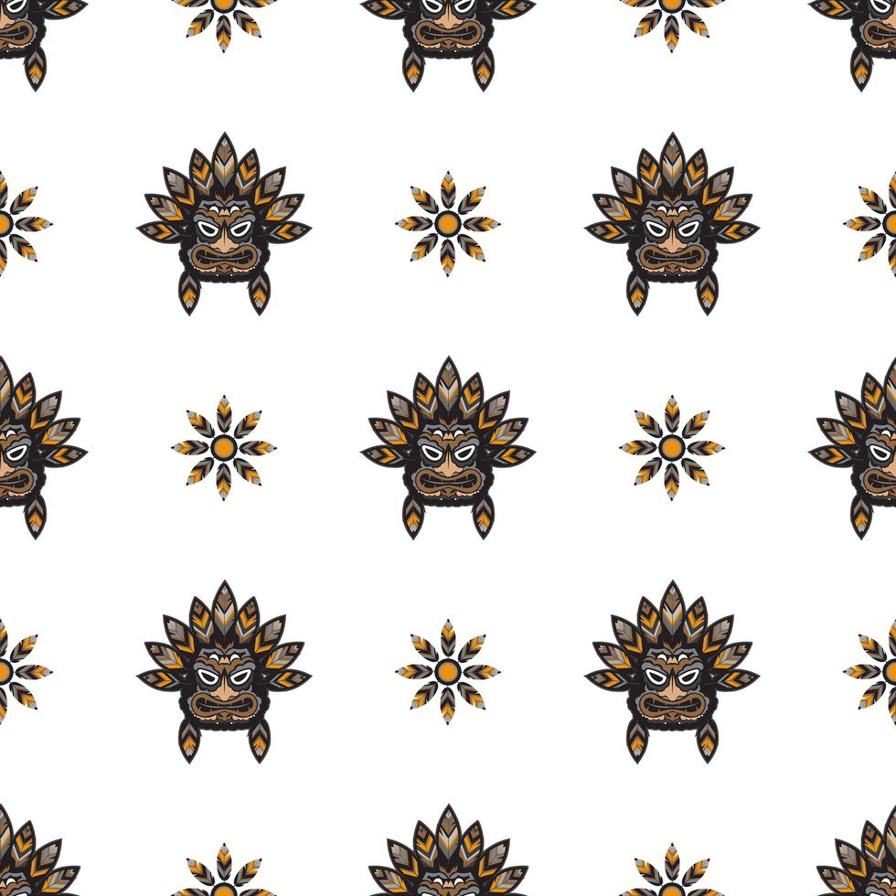 Seamless pattern with Indian faces. A head with feathers in the Polynesian style. Good for prints. Isolated, vector