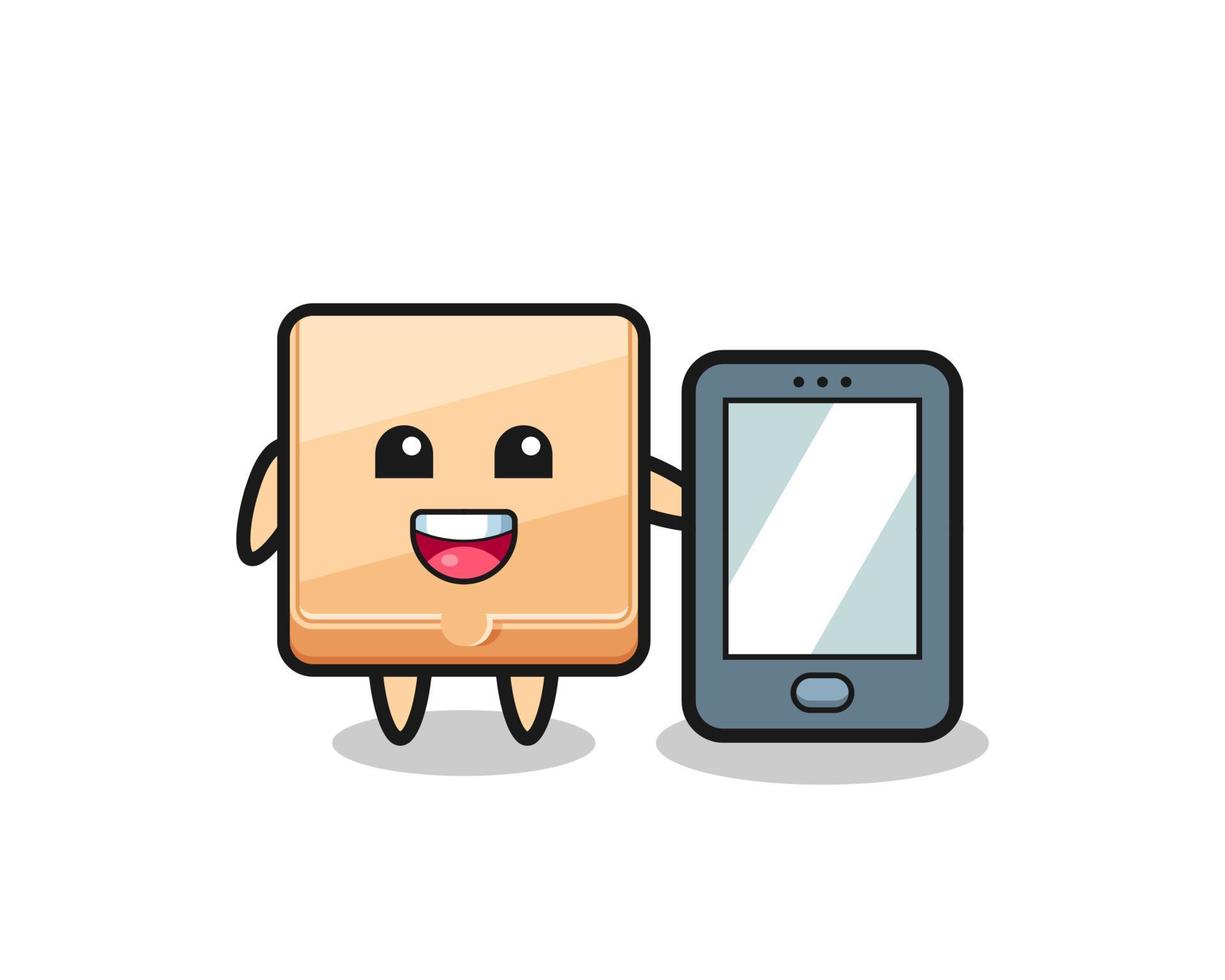 pizza box illustration cartoon holding a smartphone vector