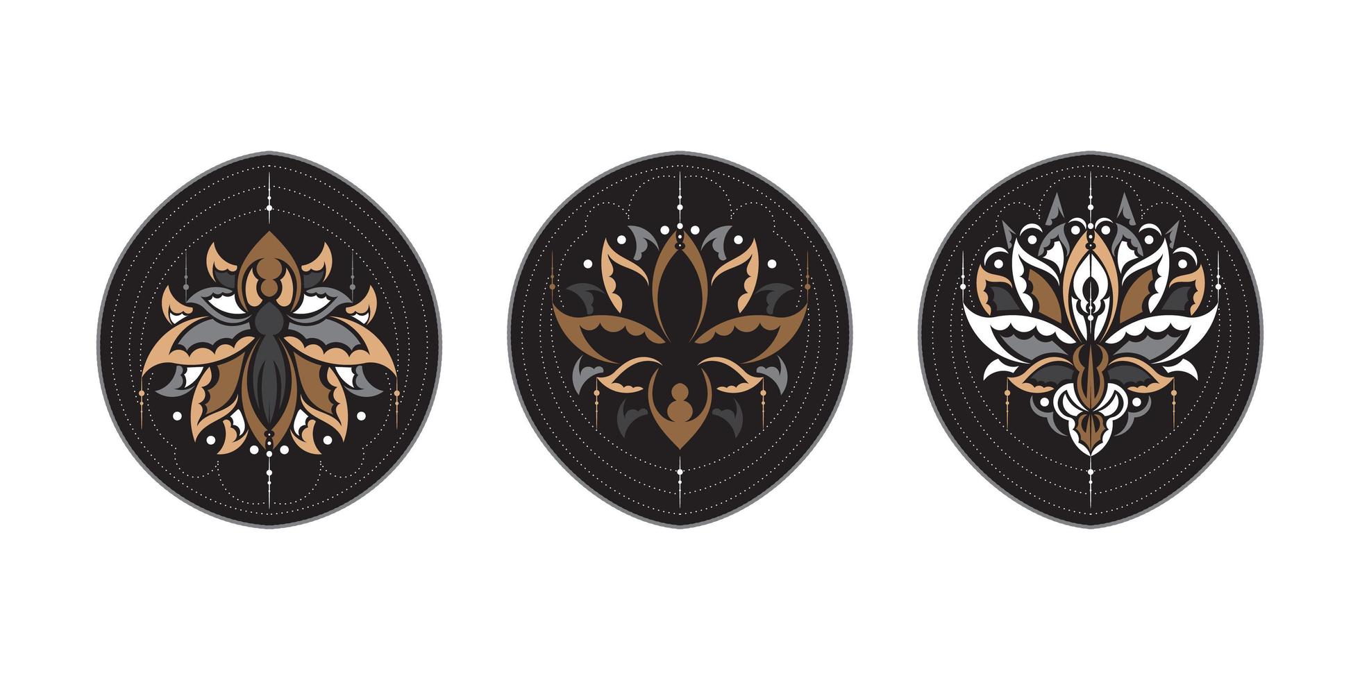 Set of colored lotus flower, yoga or zen decorative element in boho style. Lotus or water lily shapes, graphic elements in black on white background, Indian modern decorations. Vector