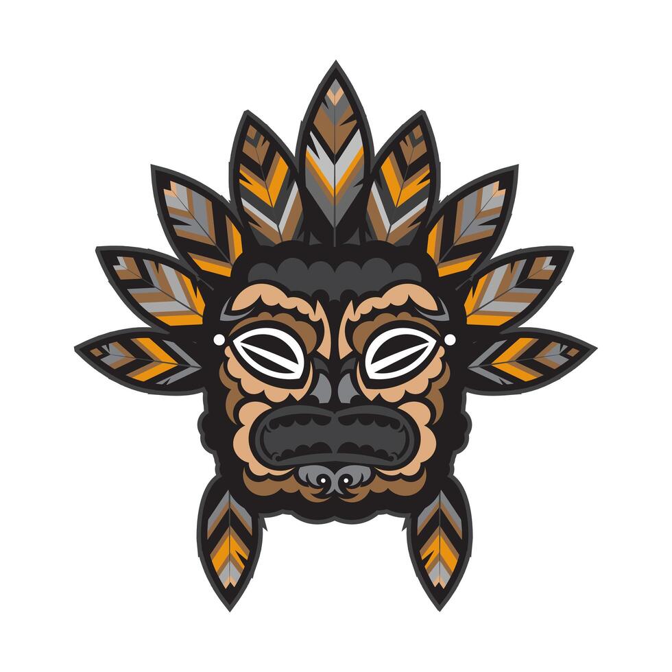 A face with feathers in the Polynesian style. Maori or samoa tattoo. Good for prints. Isolated, vector illustration.