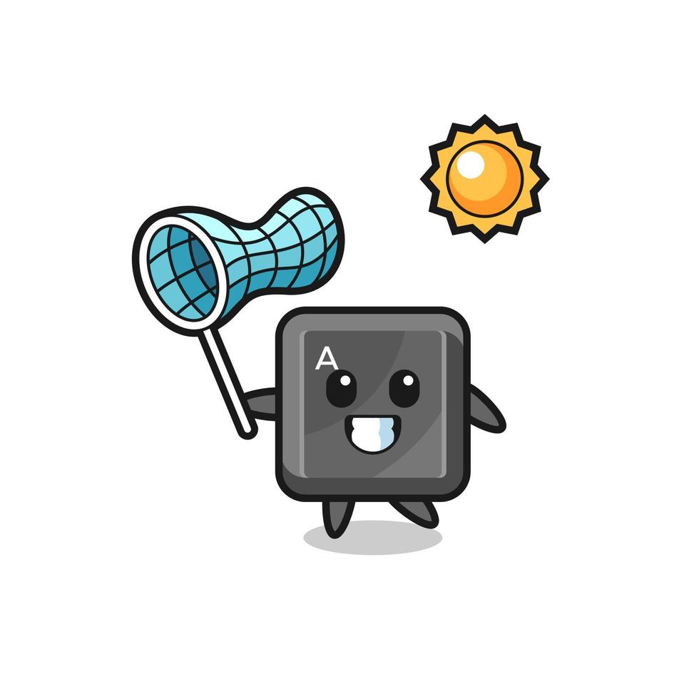 keyboard button mascot illustration is catching butterfly vector