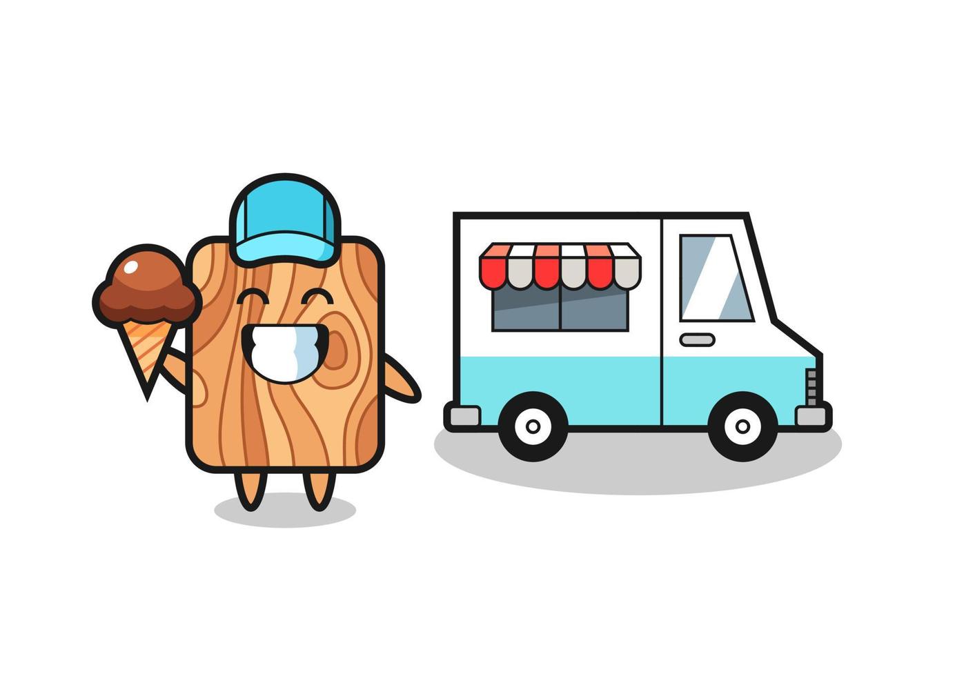 caricatura de mascota de tablones de madera con camión de helados vector