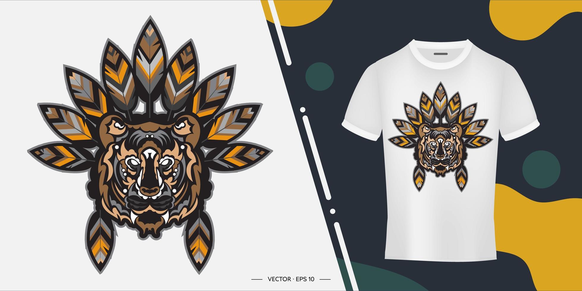 Tiger head with Indian feathers. Ready print for printing. Vector