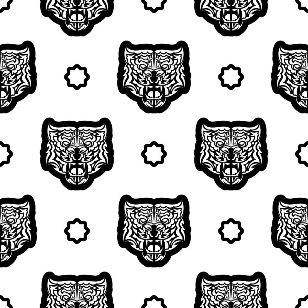Black and white Seamless pattern with tiger face in boho style. Polynesian style tiger face. Good for backgrounds and prints. Vector illustration.