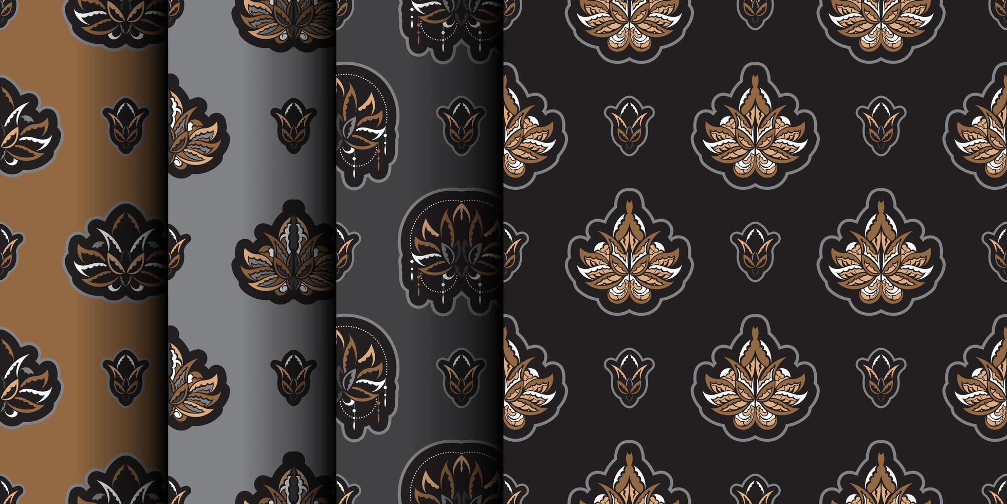 Set of Seamless pattern with lotuses. Dark background. Expensive and luxurious style. Good for prints, apparel and textiles. Vector