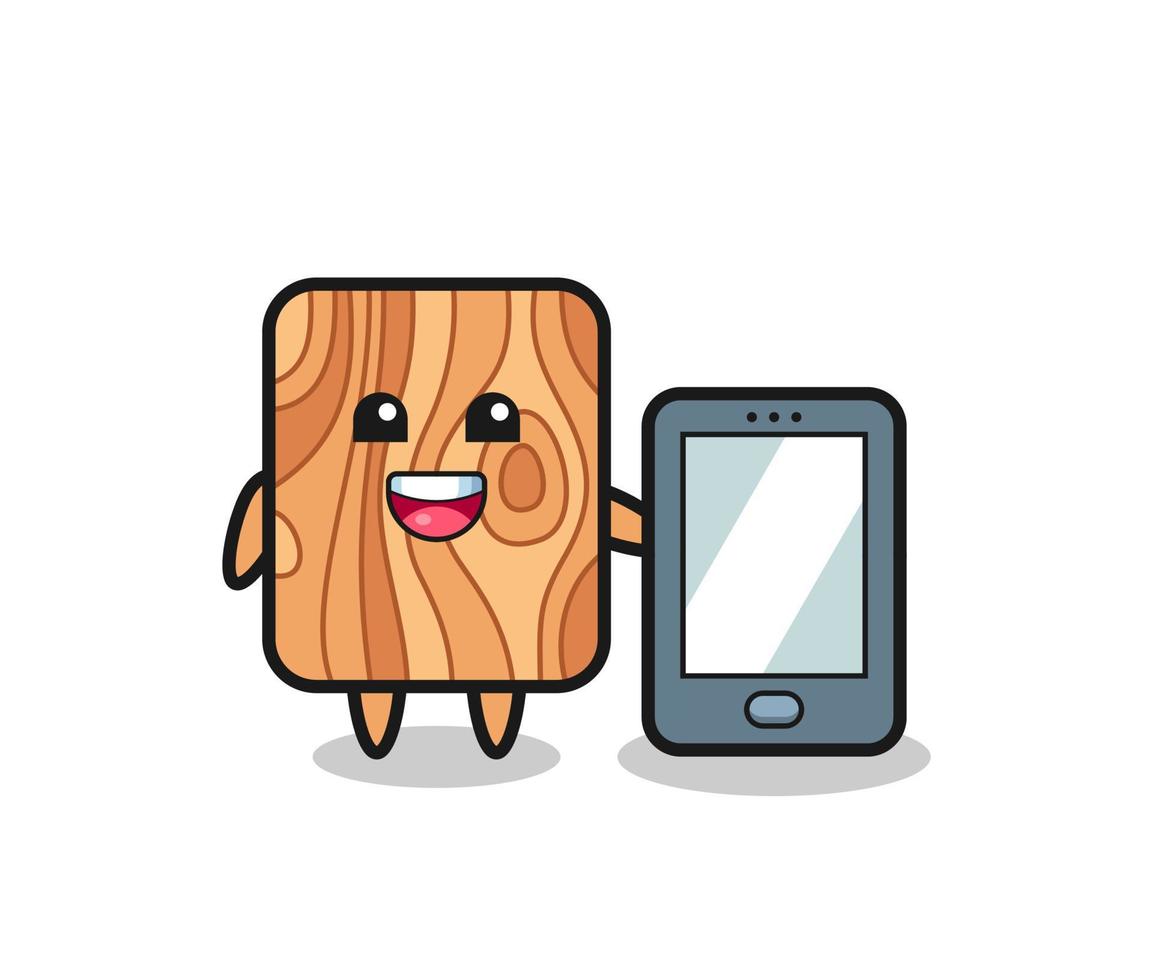 plank wood illustration cartoon holding a smartphone vector