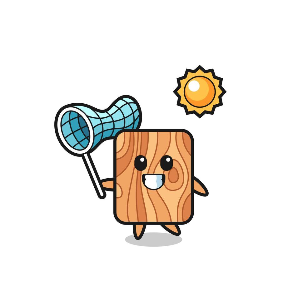 plank wood mascot illustration is catching butterfly vector