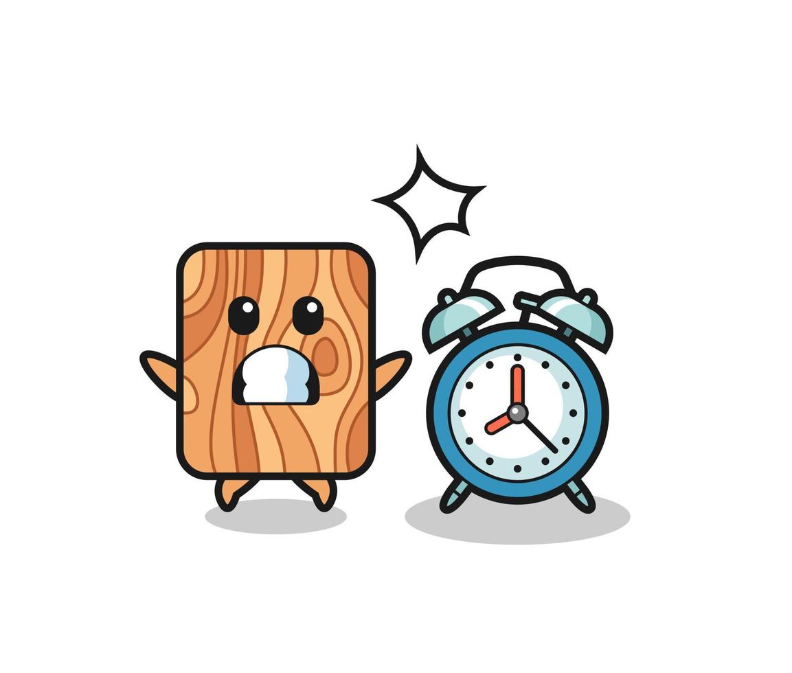 Cartoon Illustration of plank wood is surprised with a giant alarm clock vector