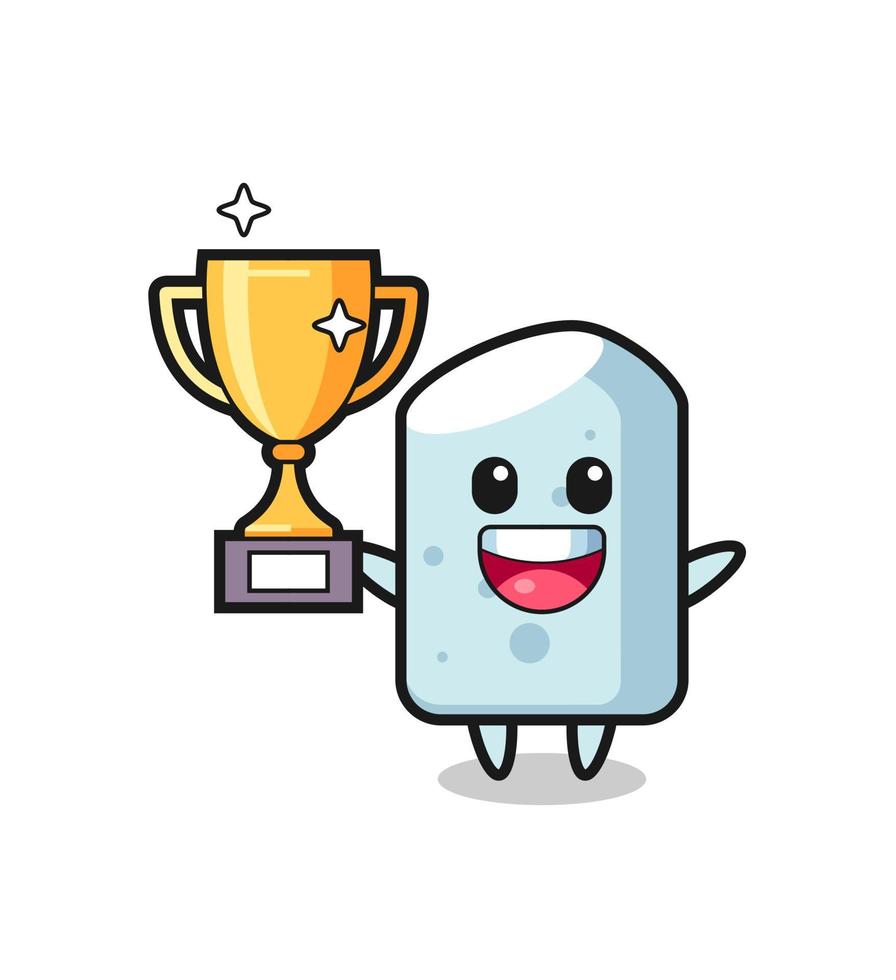 Cartoon Illustration of chalk is happy holding up the golden trophy vector