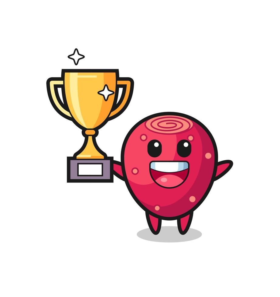 Cartoon Illustration of prickly pear is happy holding up the golden trophy vector