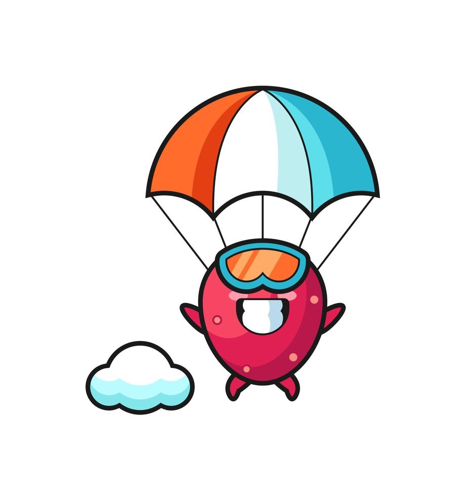 la caricatura de la mascota de la pera espinosa está saltando en paracaídas con un gesto feliz vector