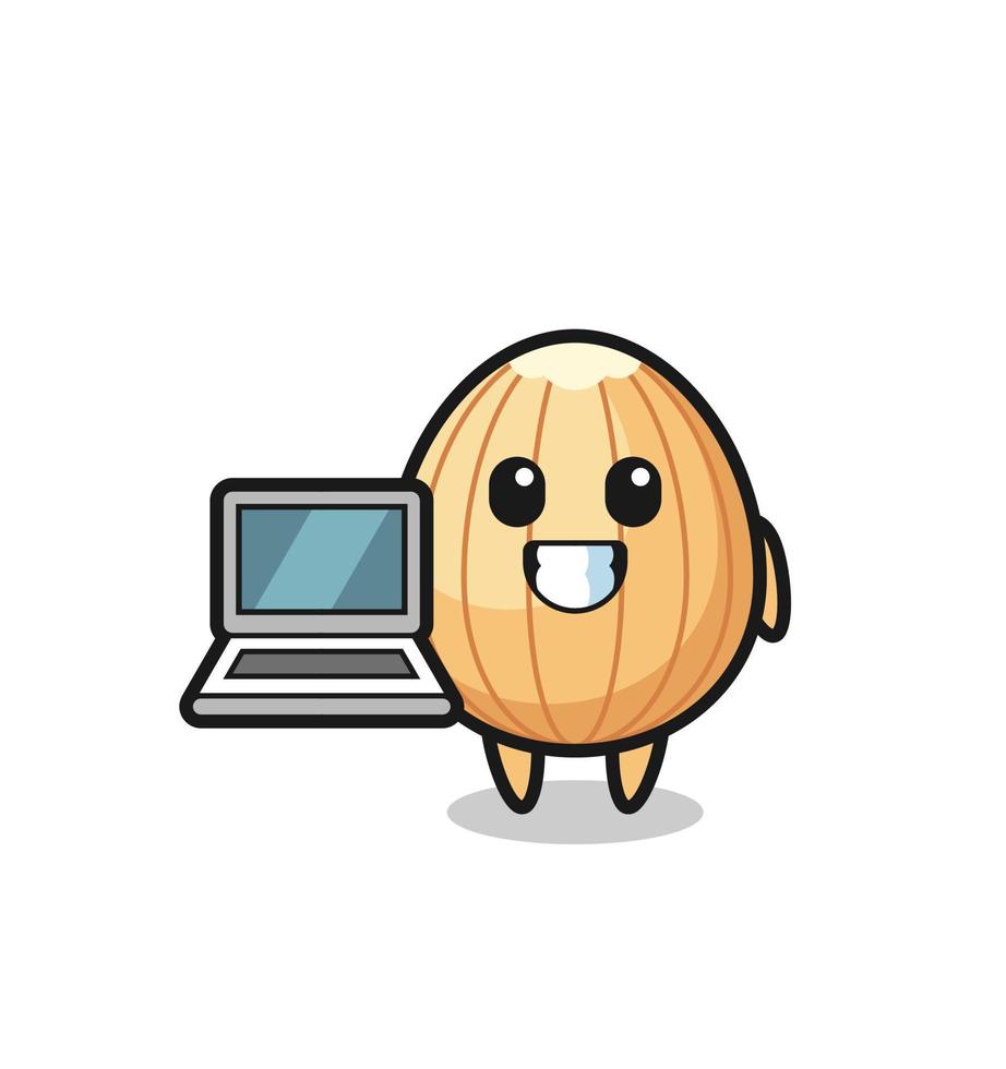 ilustración de mascota de almendra con una computadora portátil vector