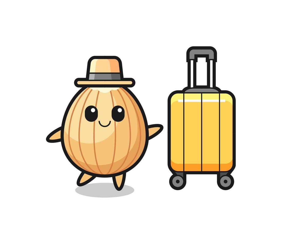 almond cartoon illustration with luggage on vacation vector