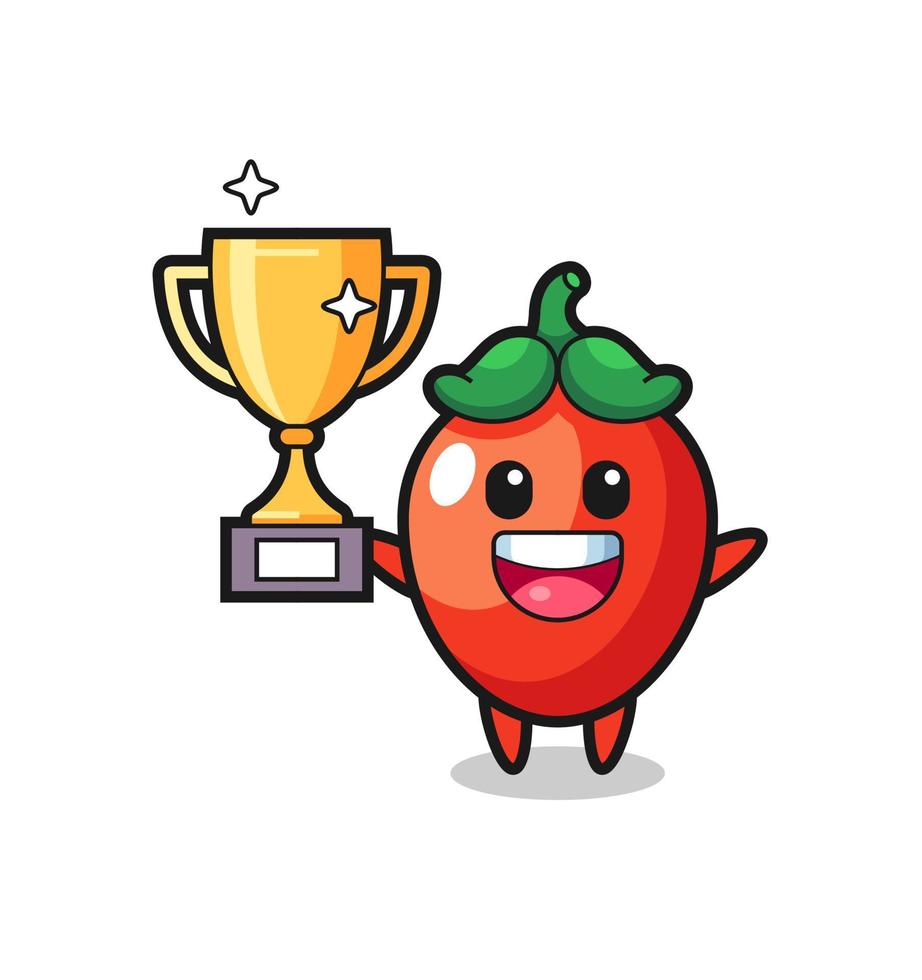 Cartoon Illustration of chili pepper is happy holding up the golden trophy vector