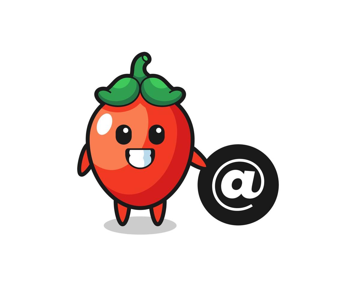 Cartoon Illustration of chili pepper standing beside the At symbol vector