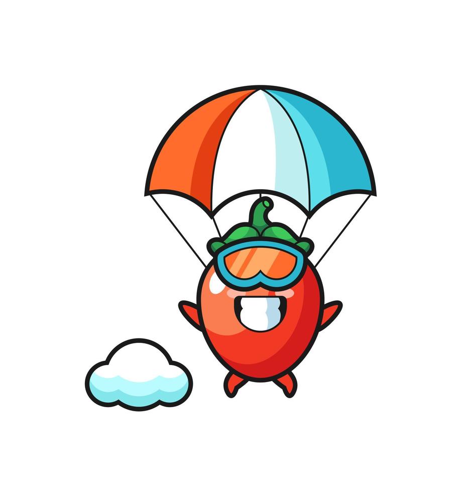 chili pepper mascot cartoon is skydiving with happy gesture vector