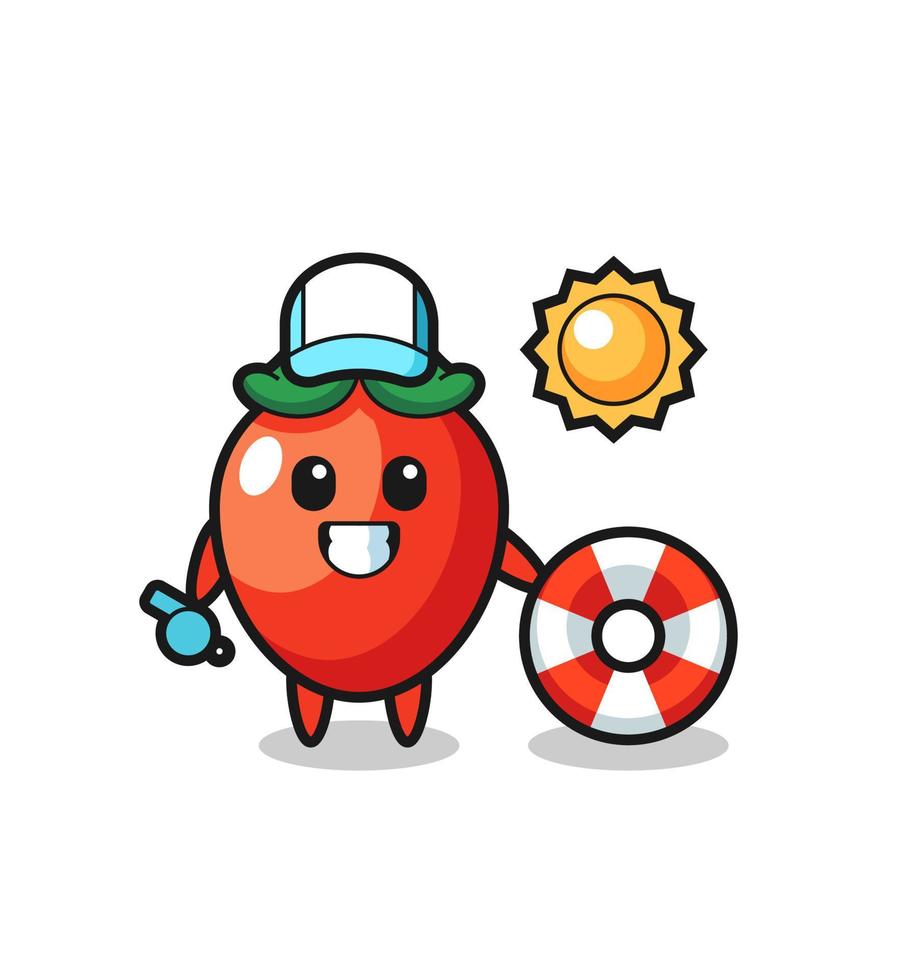 Cartoon mascot of chili pepper as a beach guard vector