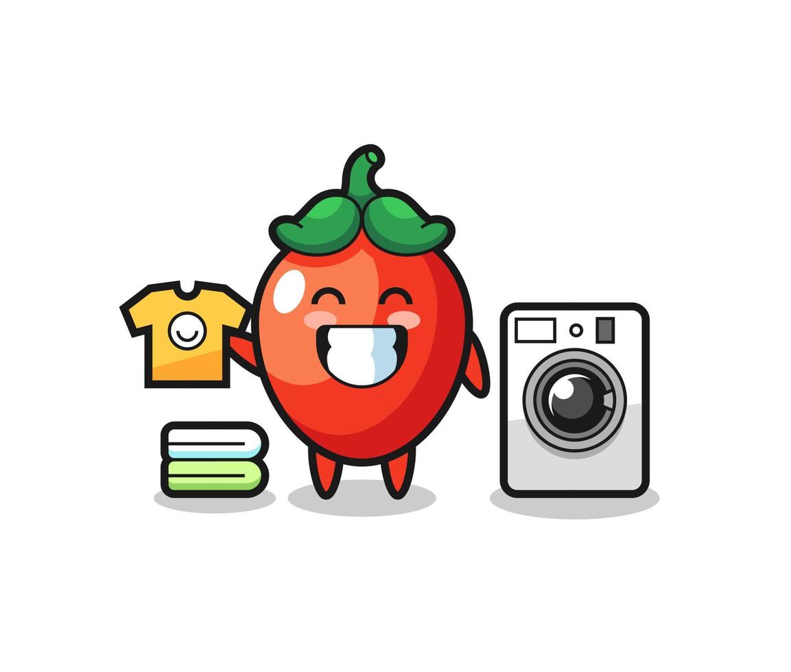 Mascot cartoon of chili pepper with washing machine vector